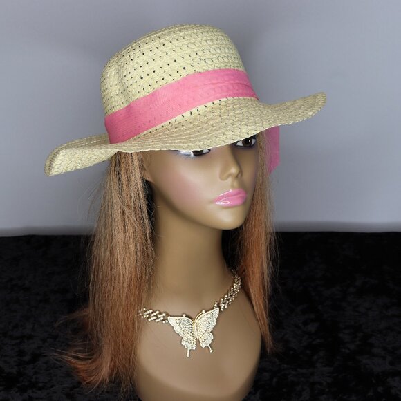 Accessories - Women's Straw Sun Hat with Ribbon Band - Pink